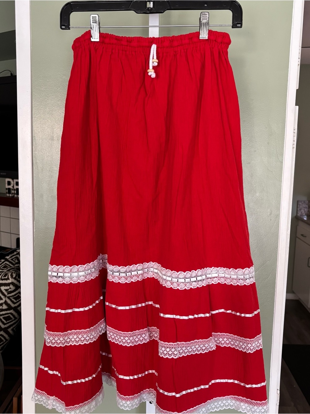 Red Lace-Trim Cotton Maxi Skirt - inka Art. One size fits most. Maybe LG? cotton